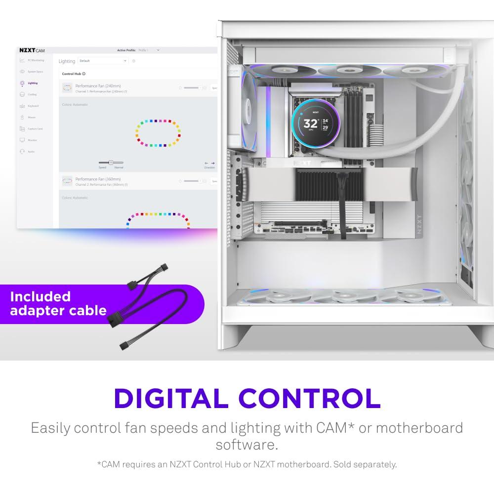 imageNZXT F280 RGB Core 280mm SingleFrame Fan Unit with 2 x 140mm RGB Fans Speed ampamp Lighting Control High Static Pressure ampamp Airflow Fluid Dynamic Bearings 8 aRGB LEDs Per Fan WhiteWhite