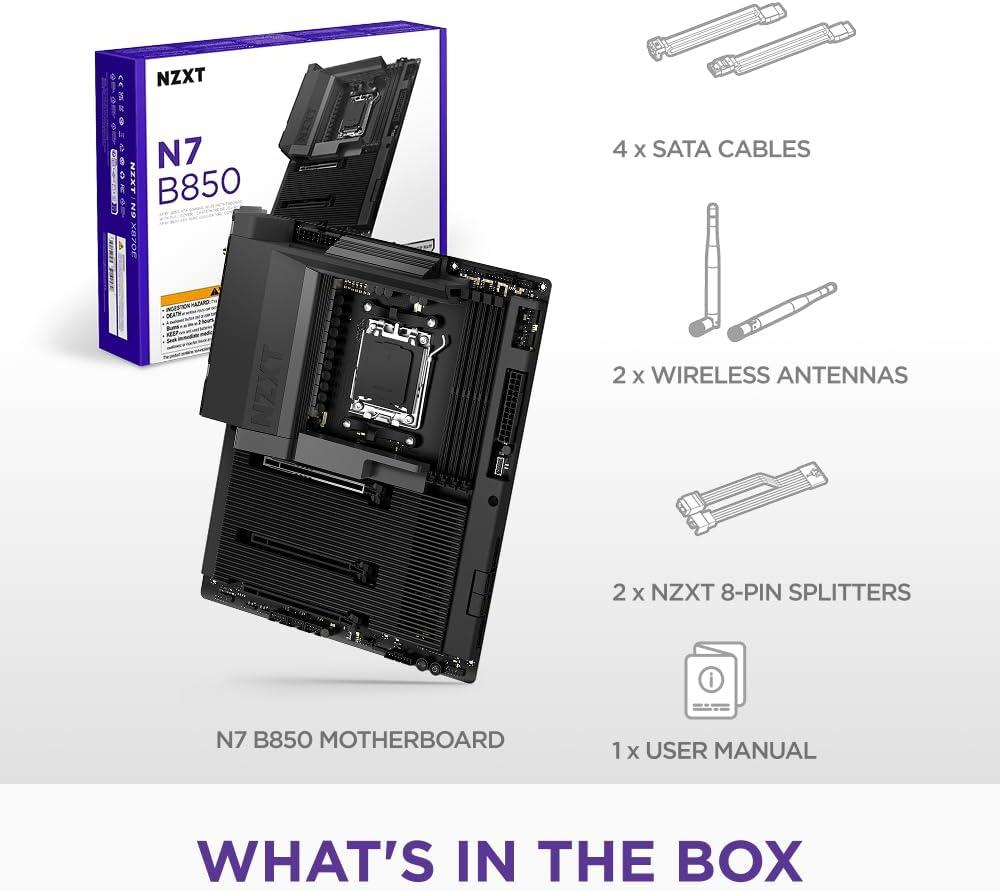 imageNZXT N7 B850 AMD B850 AM5 ATX Gaming Motherboard for Ryzen 9000800070001621 DDR5 3X M2 PCIe 50 WiFi 6E 25GbE LAN M2 NVME with QuickRelease Latch Full Cover WhiteBlack