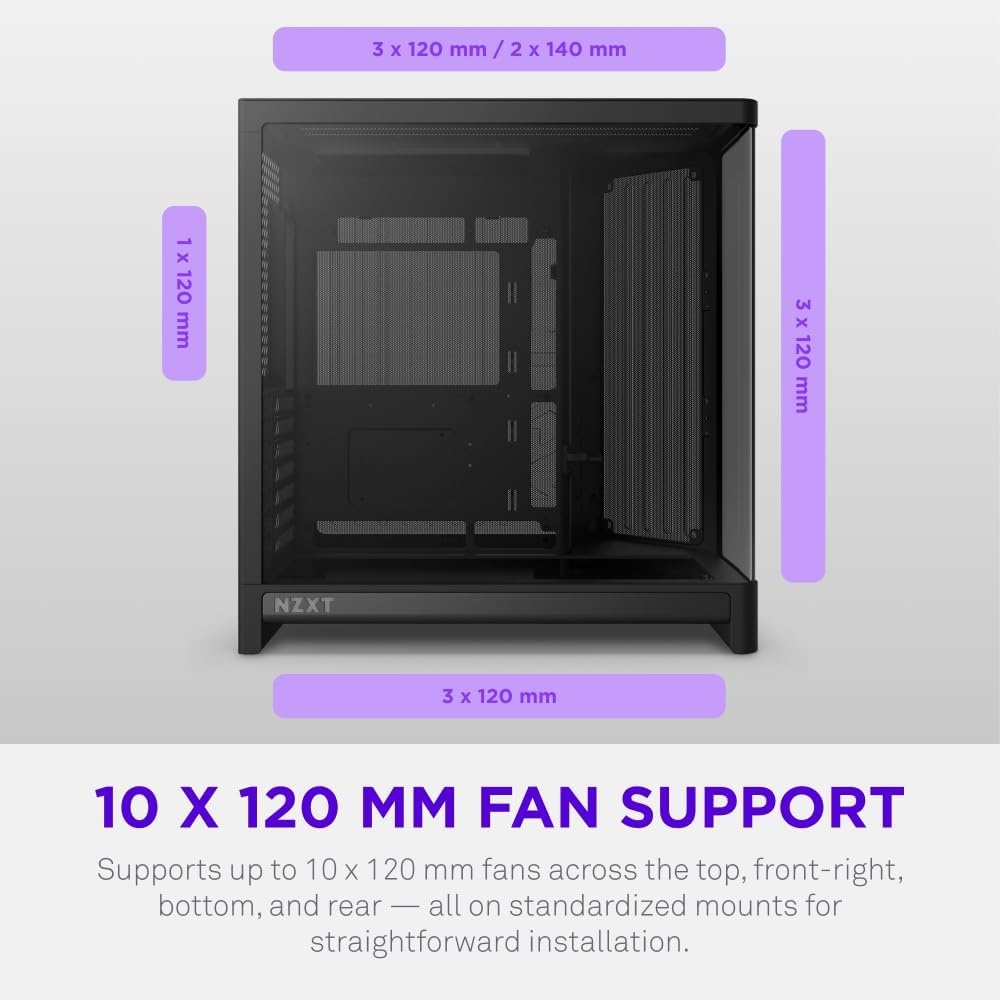 image:imageNZXT H6 Compact DualChamber ATX PC Case 10x 120mm Fan Support 360mm Radiator BackConnect Motherboard Ready Seamless Curved Tempered Glass Black