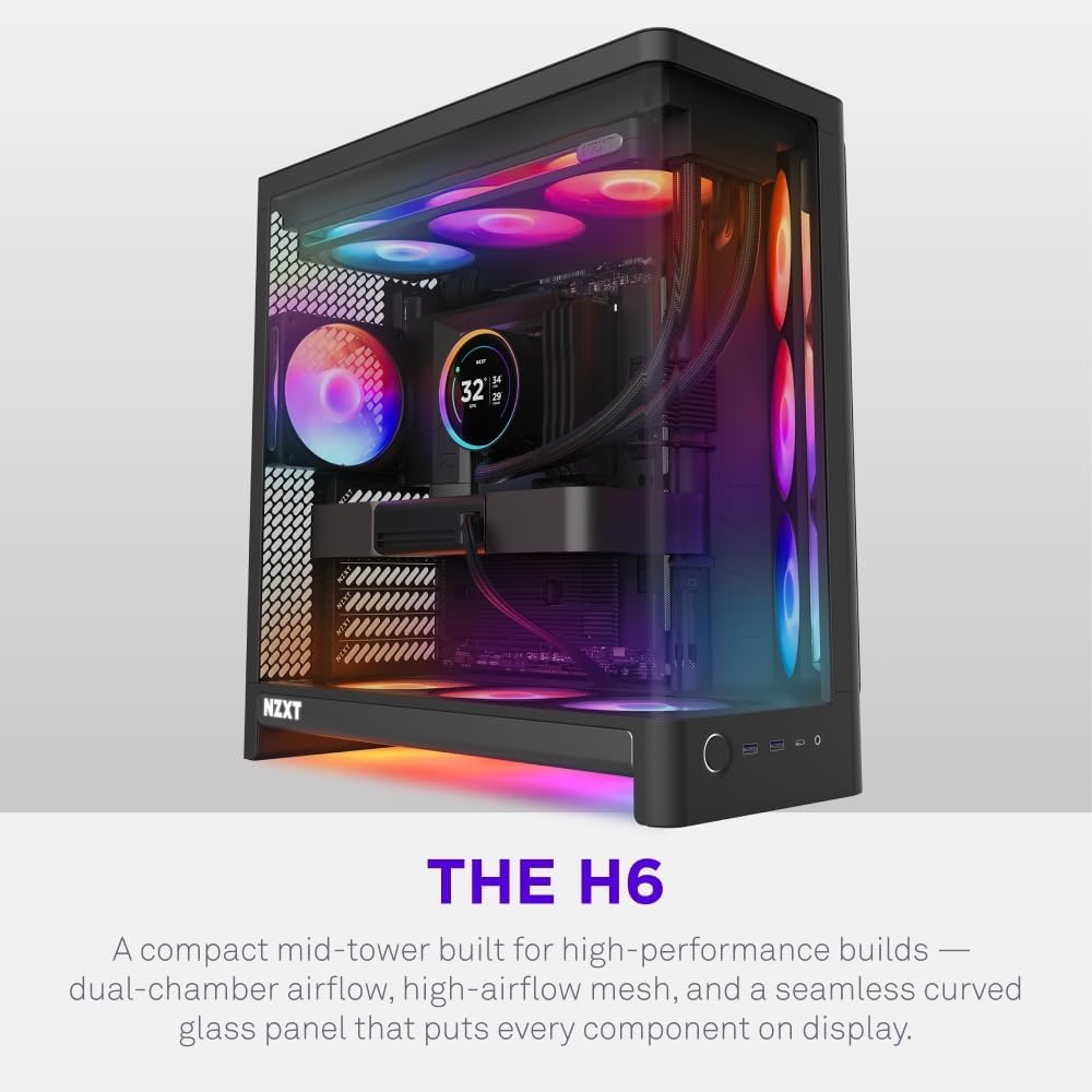 image:imageNZXT H6 Compact DualChamber ATX PC Case 10x 120mm Fan Support 360mm Radiator BackConnect Motherboard Ready Seamless Curved Tempered Glass Black