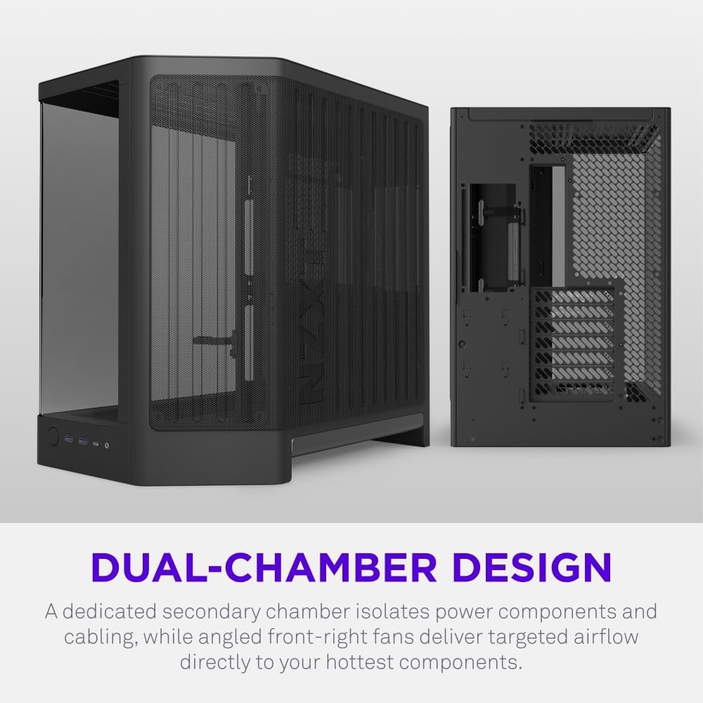 image:imageNZXT H6 Compact DualChamber ATX PC Case 10x 120mm Fan Support 360mm Radiator BackConnect Motherboard Ready Seamless Curved Tempered Glass Black