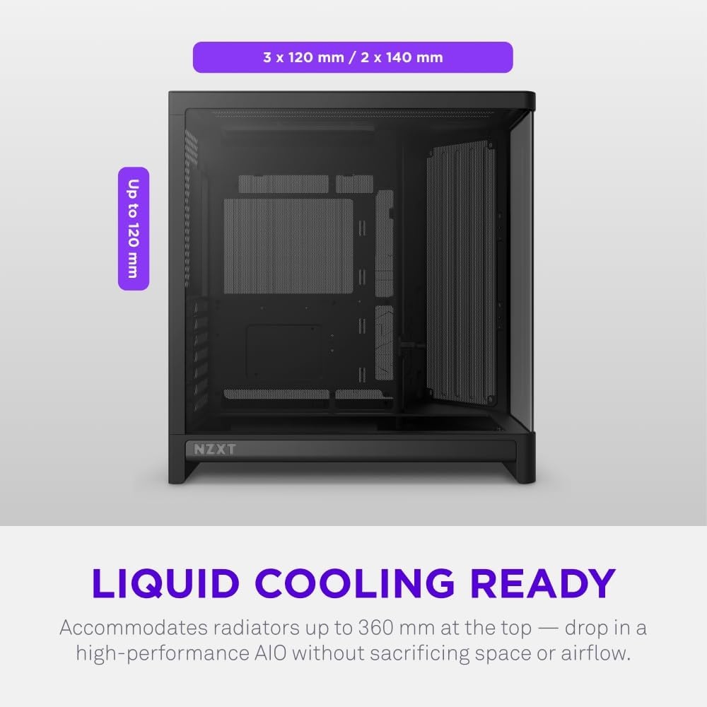 image:imageNZXT H6 Compact DualChamber ATX PC Case 10x 120mm Fan Support 360mm Radiator BackConnect Motherboard Ready Seamless Curved Tempered Glass Black
