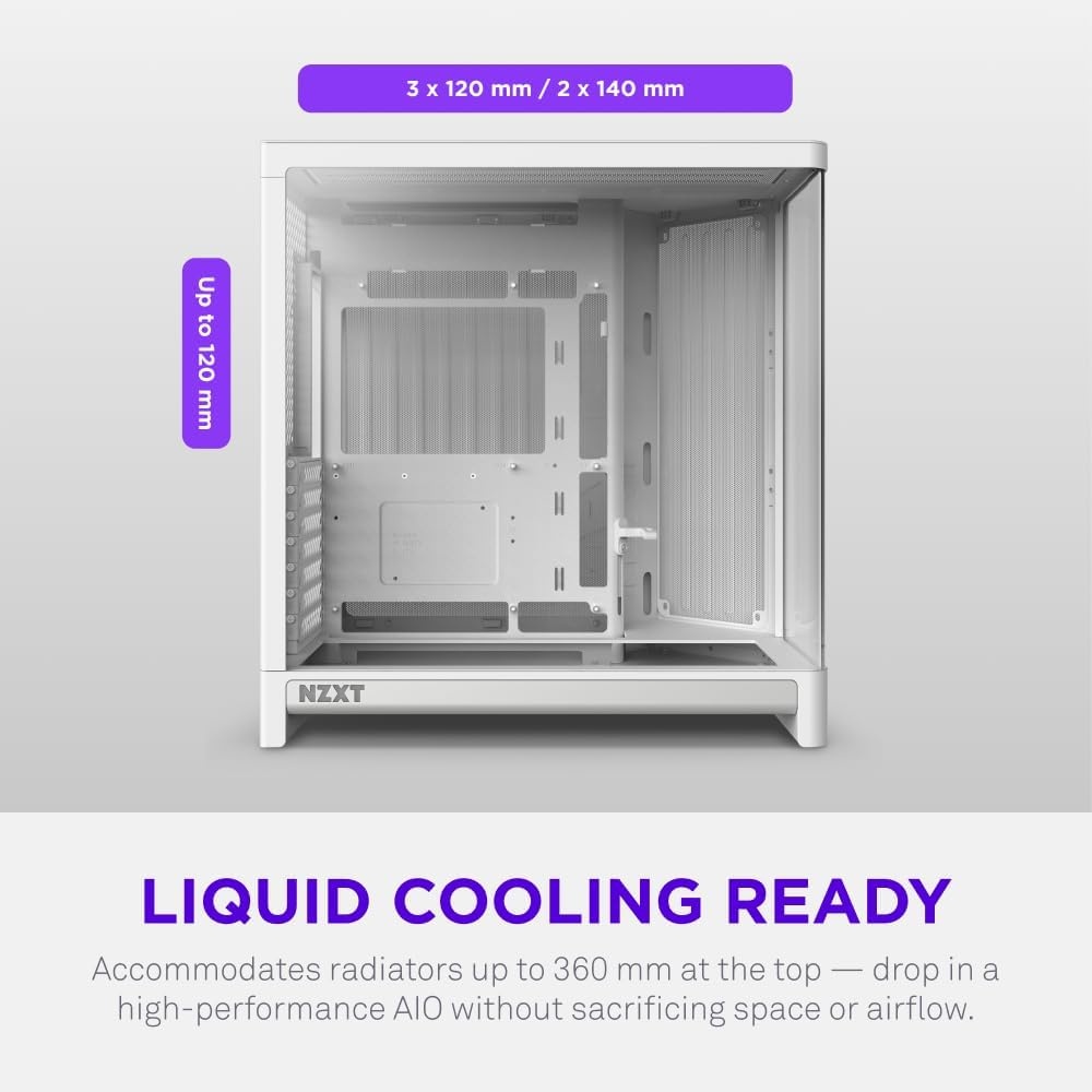 image:imageNZXT H6 Compact DualChamber ATX PC Case 10x 120mm Fan Support 360mm Radiator BackConnect Motherboard Ready Seamless Curved Tempered Glass White