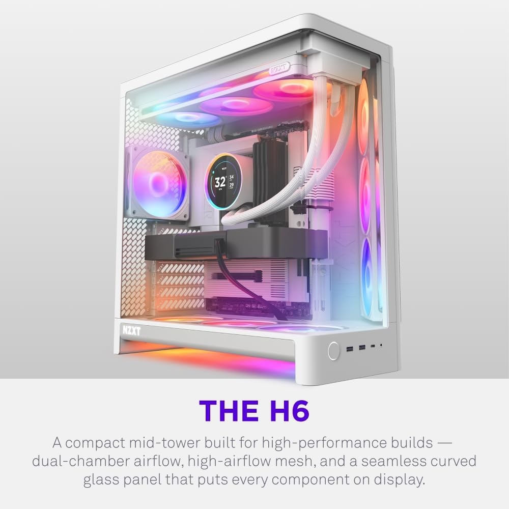 image:imageNZXT H6 Compact DualChamber ATX PC Case 10x 120mm Fan Support 360mm Radiator BackConnect Motherboard Ready Seamless Curved Tempered Glass White