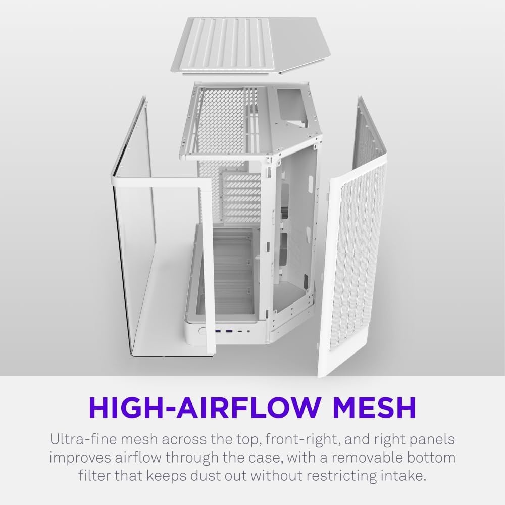 image:imageNZXT H6 Compact DualChamber ATX PC Case 10x 120mm Fan Support 360mm Radiator BackConnect Motherboard Ready Seamless Curved Tempered Glass White