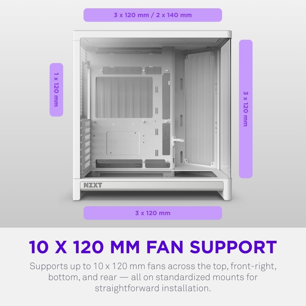 image:imageNZXT H6 Compact DualChamber ATX PC Case 10x 120mm Fan Support 360mm Radiator BackConnect Motherboard Ready Seamless Curved Tempered Glass White