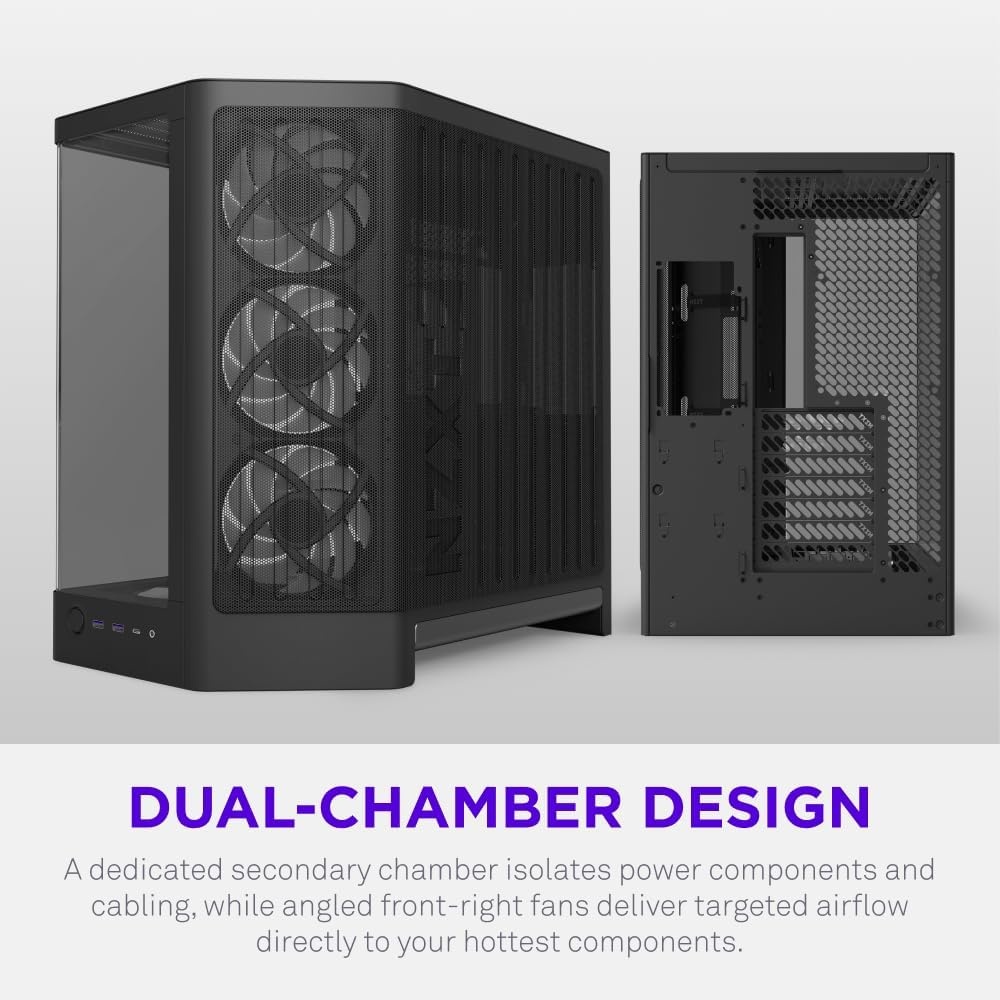 image:imageNZXT H6 RGB Compact DualChamber ATX PC Case PreInstalled RGB Fans amp Control Hub Lite 360mm Radiator BackConnect Ready Seamless Curved Glass Black