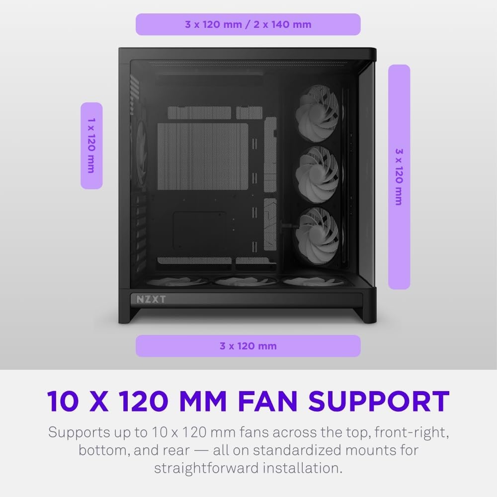 image:imageNZXT H6 RGB Compact DualChamber ATX PC Case PreInstalled RGB Fans amp Control Hub Lite 360mm Radiator BackConnect Ready Seamless Curved Glass Black